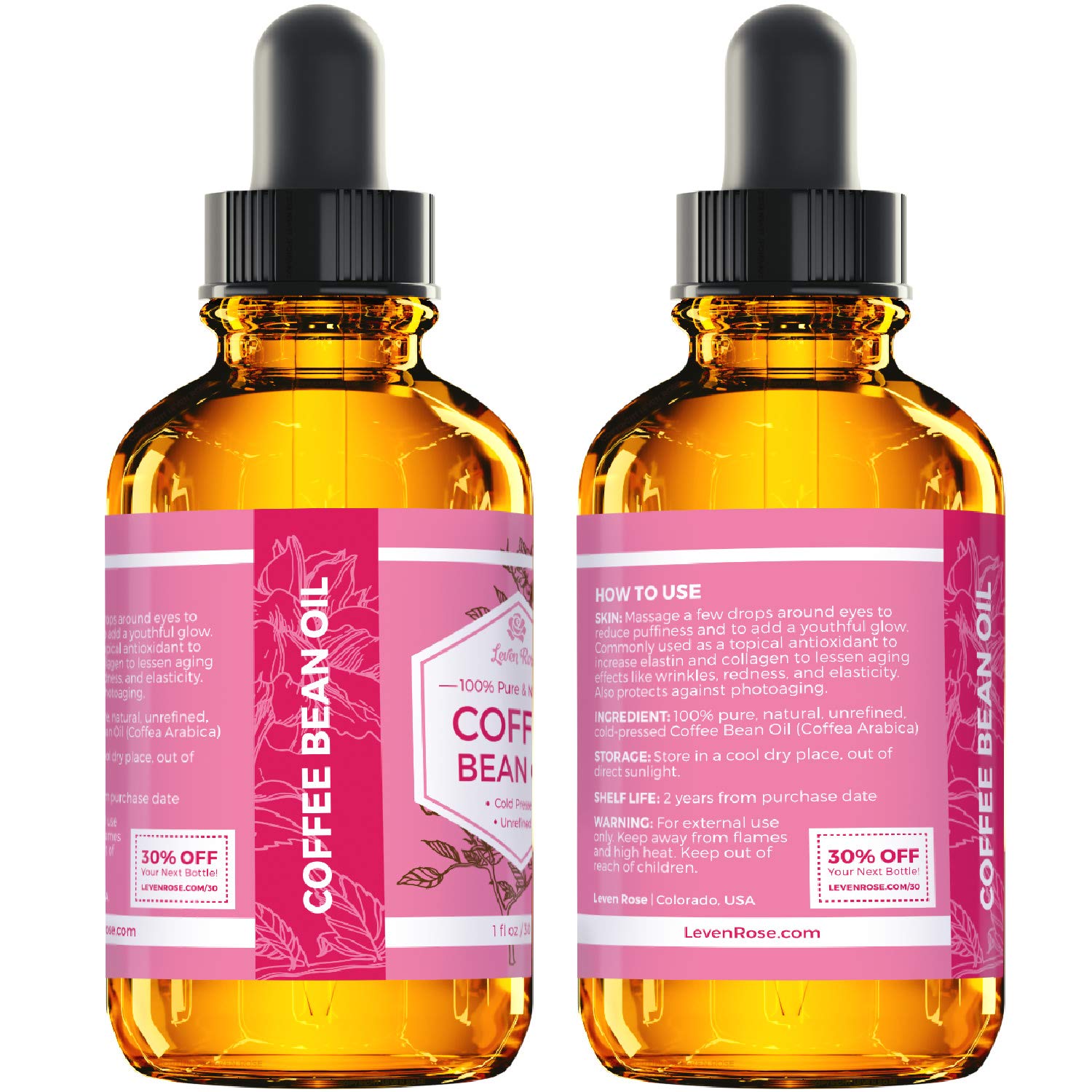 Leven Rose Aceite de Café en Grano, envase ámbar protege de la luz.