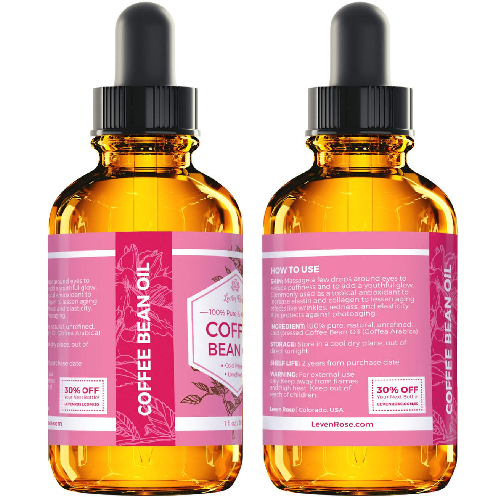 Leven Rose Aceite de Café en Grano, envase ámbar protege de la luz.