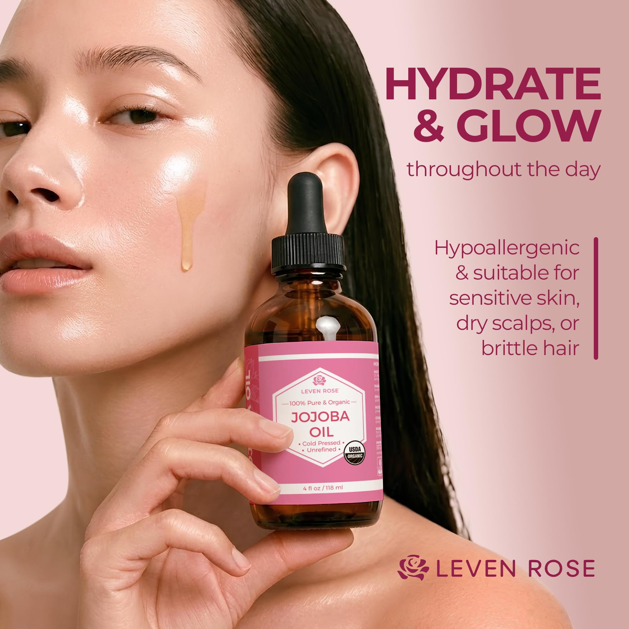 Leven Rose aceite de jojoba, brillo y suavidad para el cabello