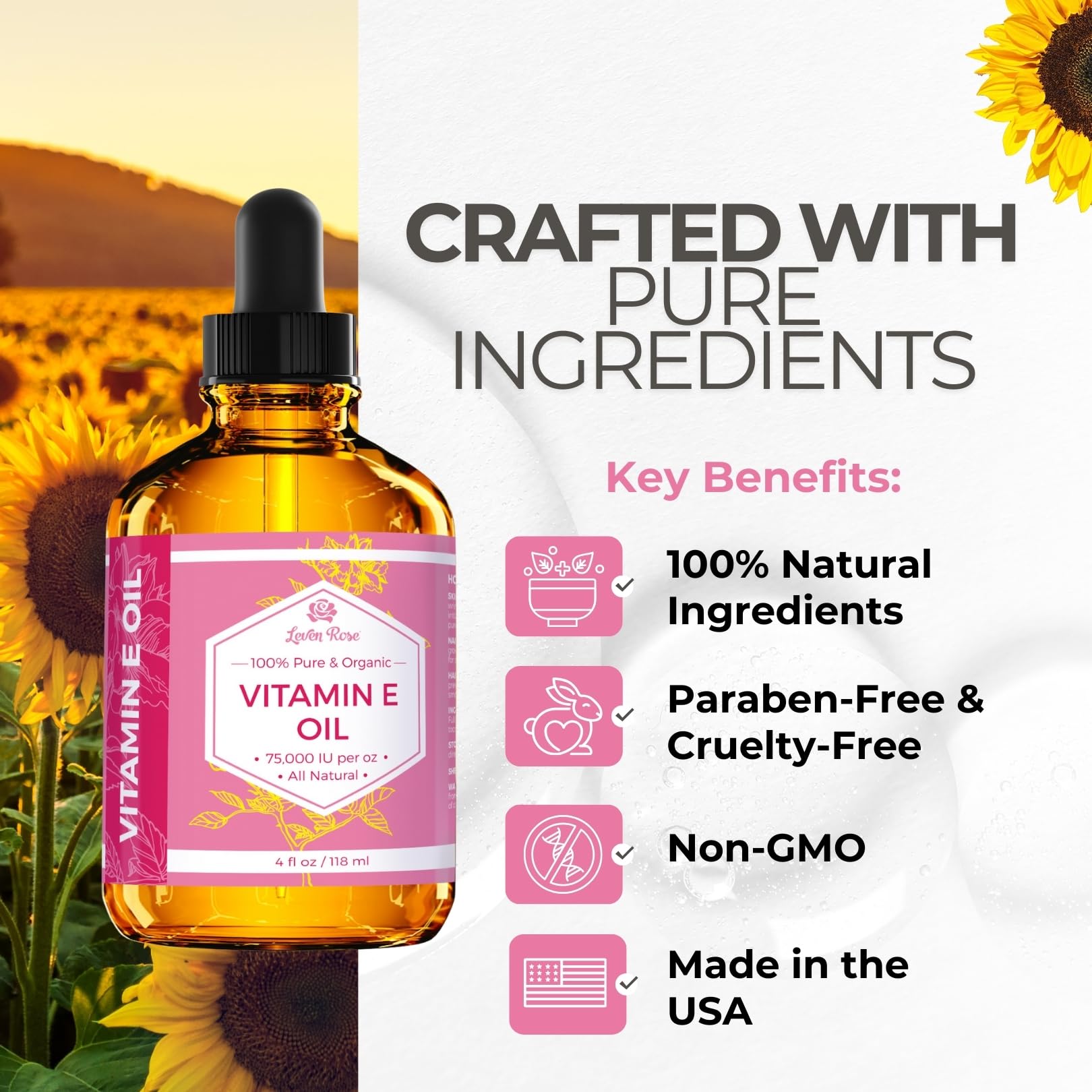 Leven Rose Vitamina E para humectación uniforme de la piel