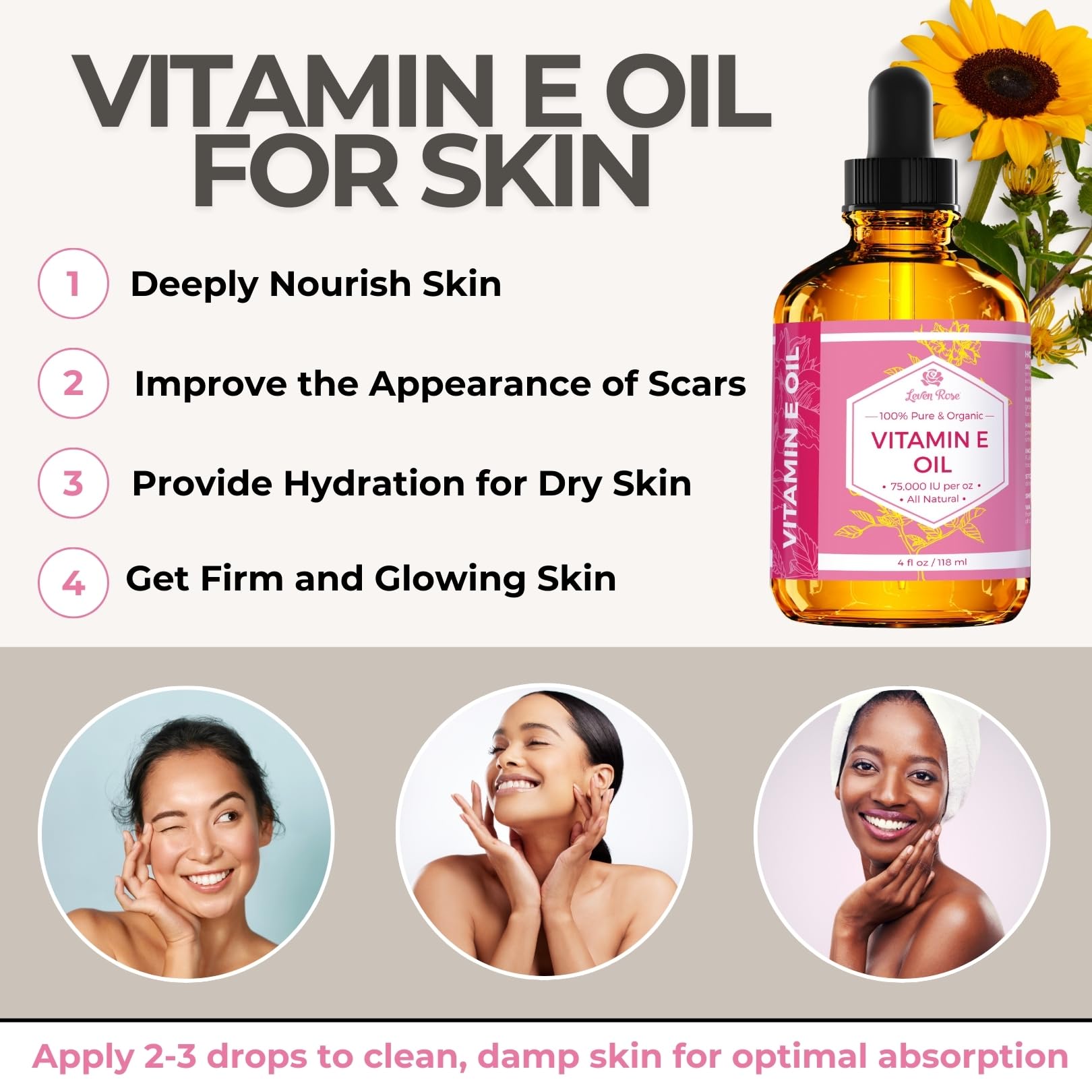 Gotero de Leven Rose Vitamina E facilita aplicar el cuidado facial diario