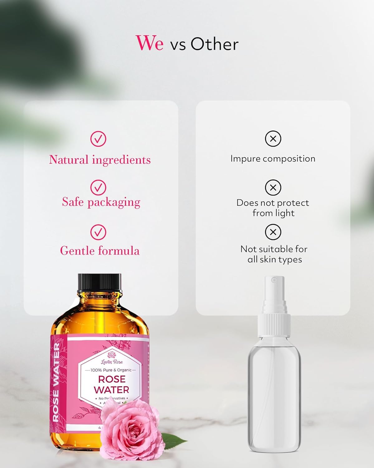 Leven Rose fórmula sin alcohol para piel sensible y fresca.