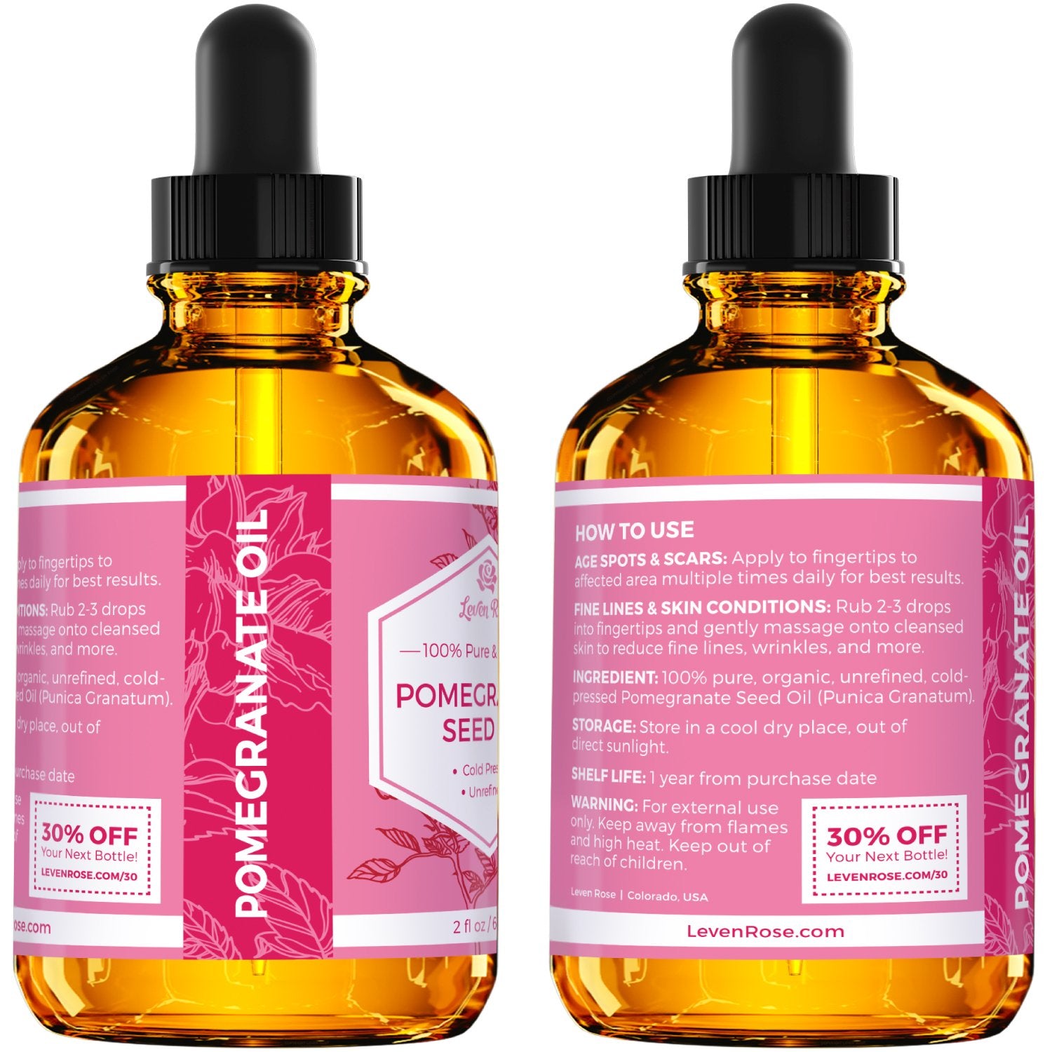 Leven Rose Pomegranate Oil on hair adding natural shine and vitality