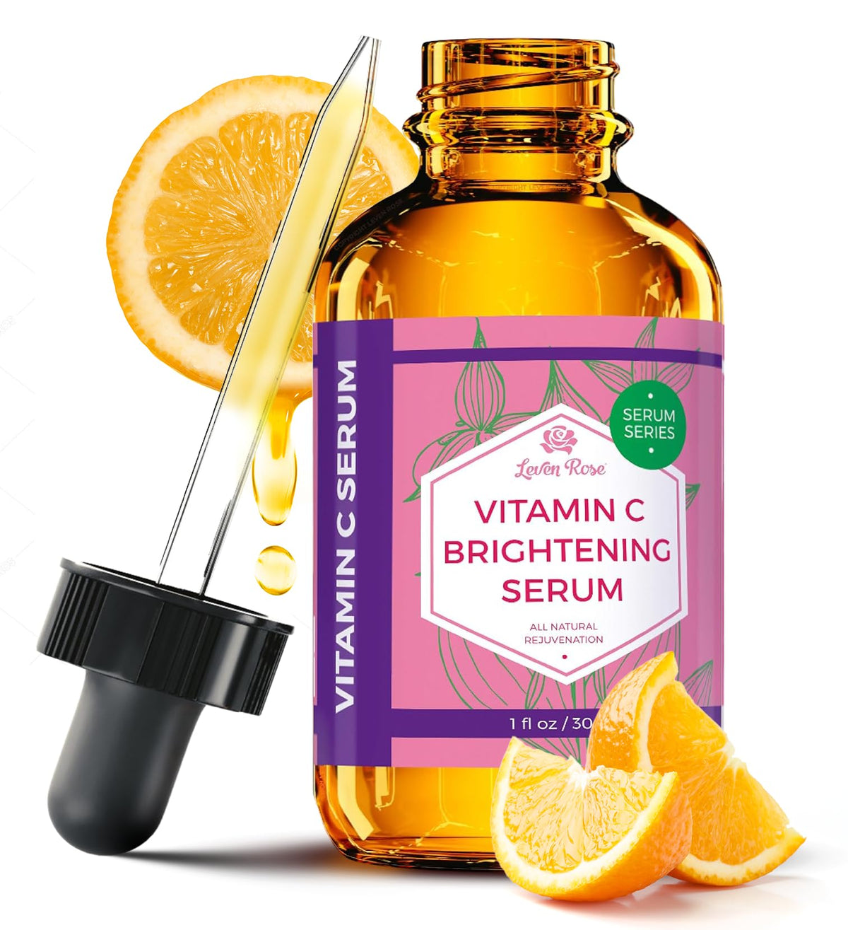 Leven Rose Vitamina C serum con gotero para aplicación precisa y rápida.