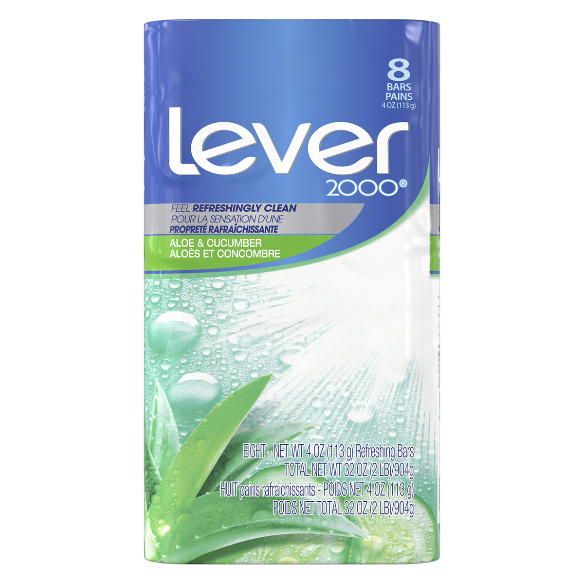 Jabón Lever 2000 Aloe y Pepino, barra refrescante que limpia y revitaliza la piel.