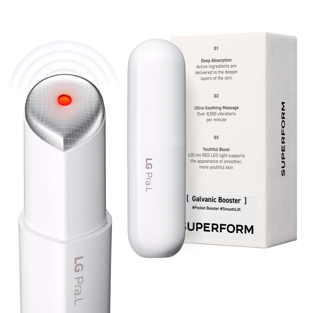 LG Pra.L Superform Galvanic Booster Mystic White, frontal, mejora absorción y brillo de la piel.