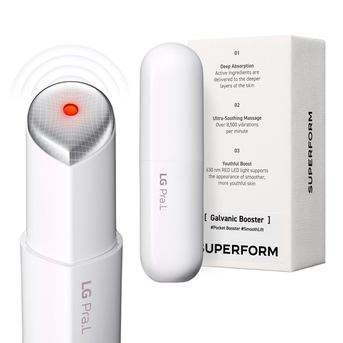 LG Pra.L Superform Galvanic Booster Mystic White, frontal, mejora absorción y brillo de la piel.