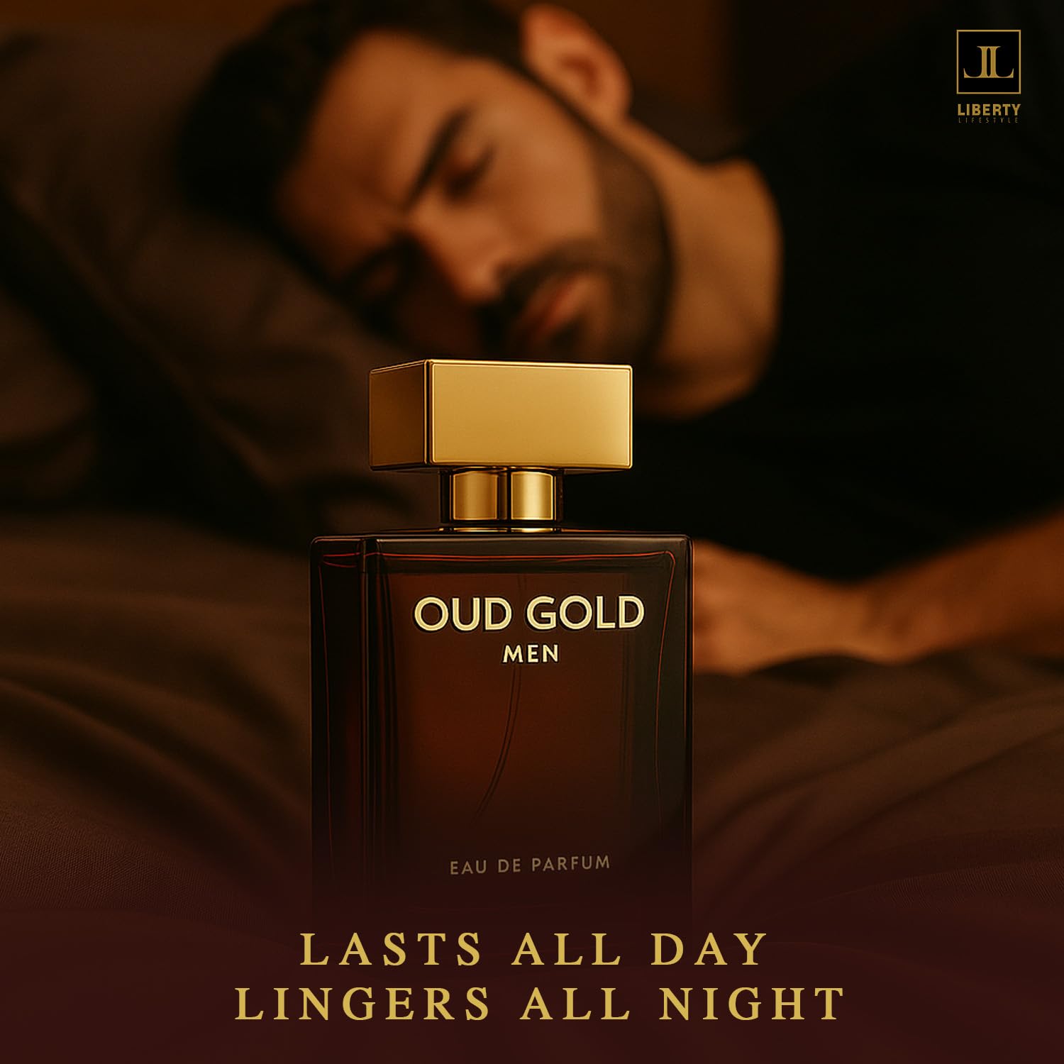 Liberty Oud Árabe Perfume envase dorado y diseño premium.