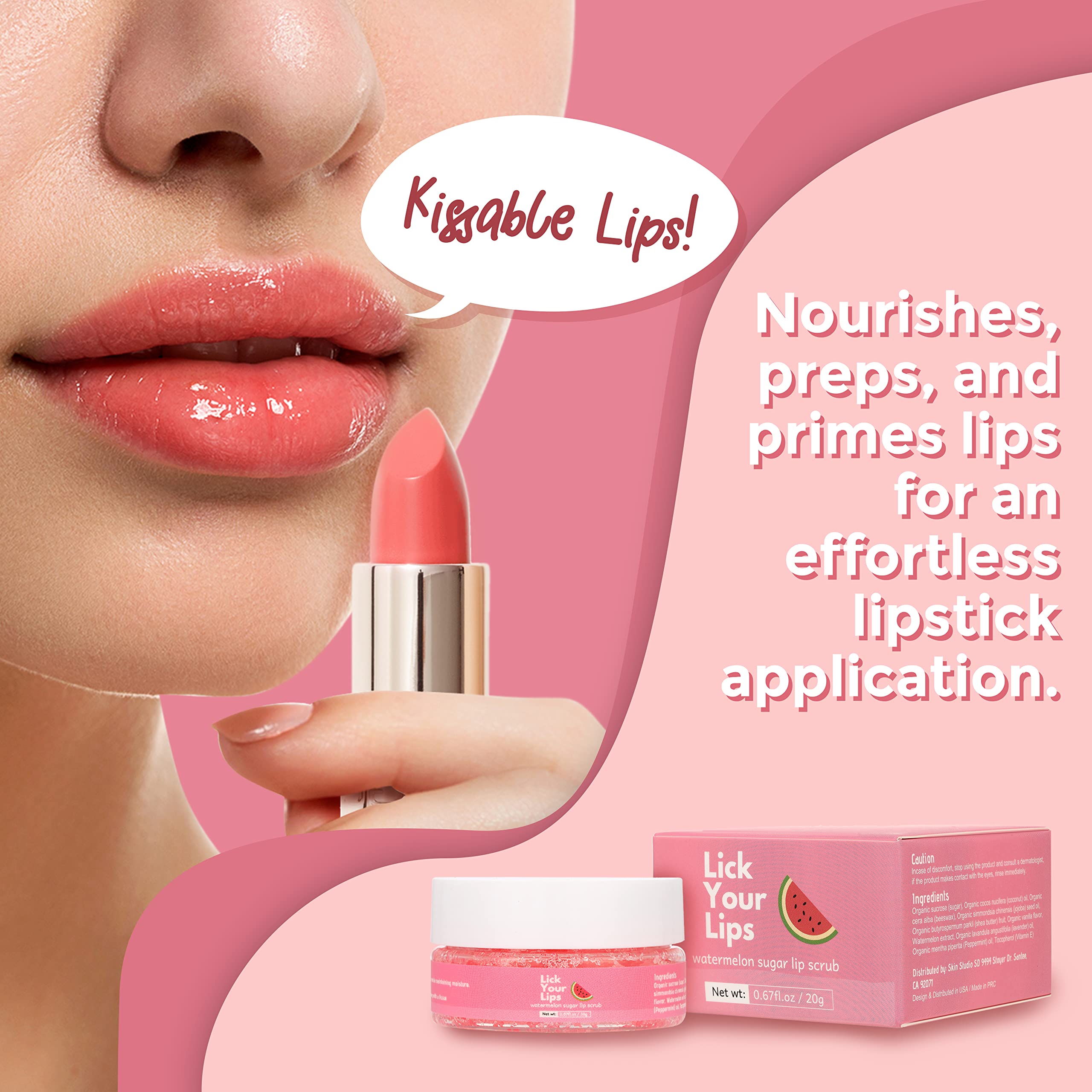 Packaging view of Lick Your Lips Lip Scrub emphasizing vegan and cruelty-free essentials