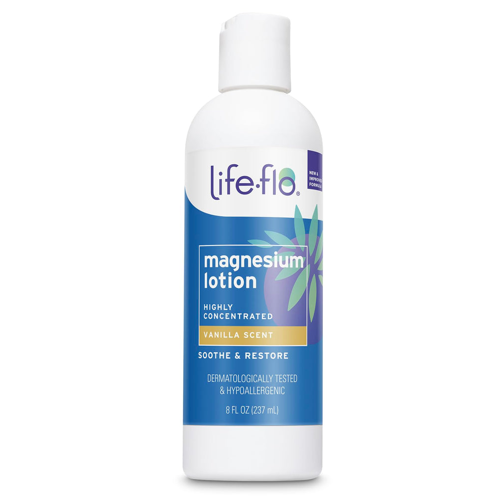 LIFE-FLO loción de magnesio con vainilla en botella, hidratación suave.