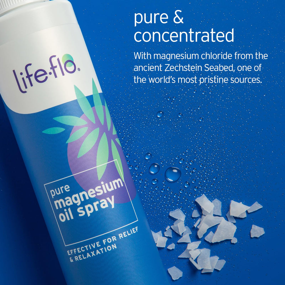 LIFE-FLO Pure Magnesium Oil Spray: aceite magnesio puro para aplicación rápida.
