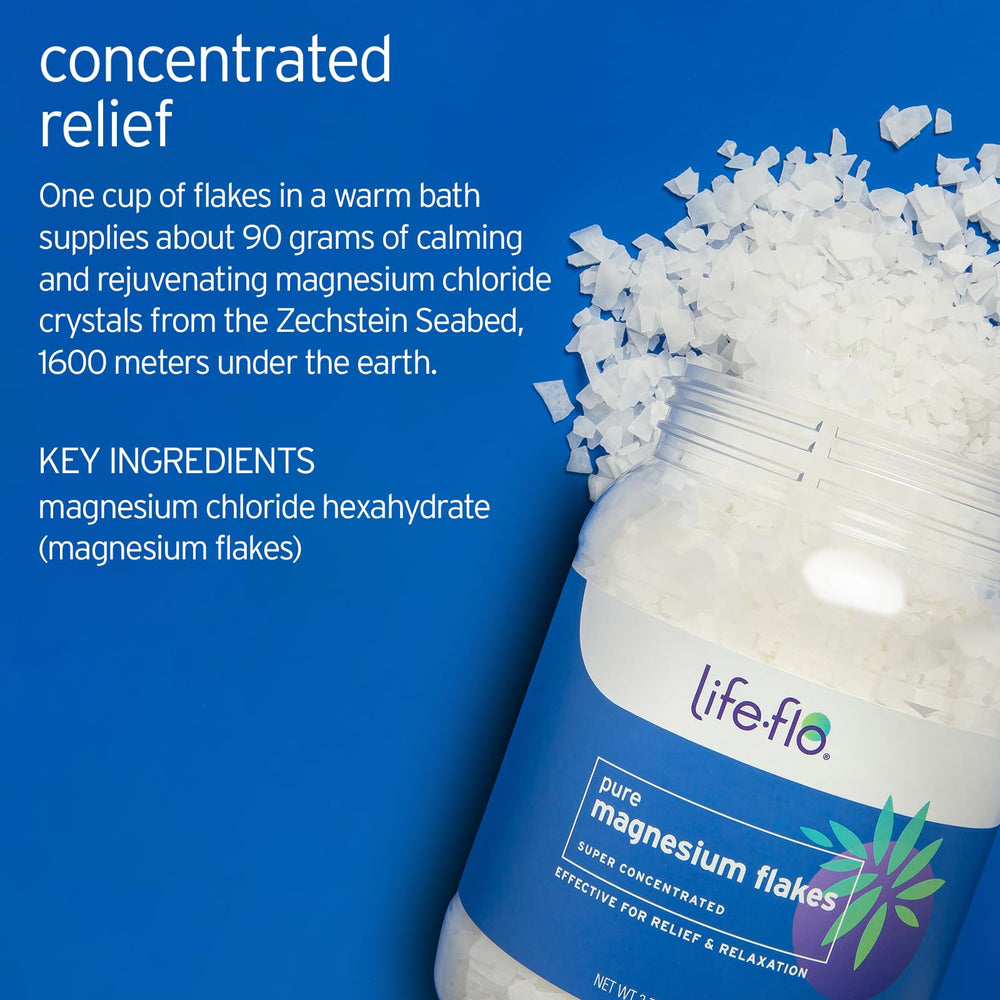 LIFE-FLO, escamas de magnesio en envase de 44 oz, fácil de usar.