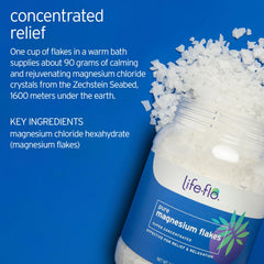LIFE-FLO, escamas de magnesio en envase de 44 oz, fácil de usar.