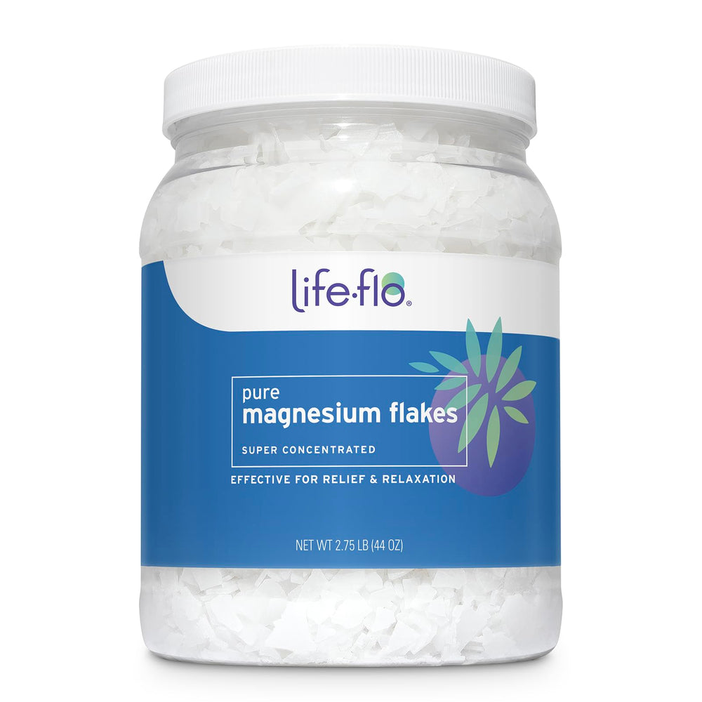 LIFE-FLO, escamas de magnesio para baño, relajación suave y disolución rápida.