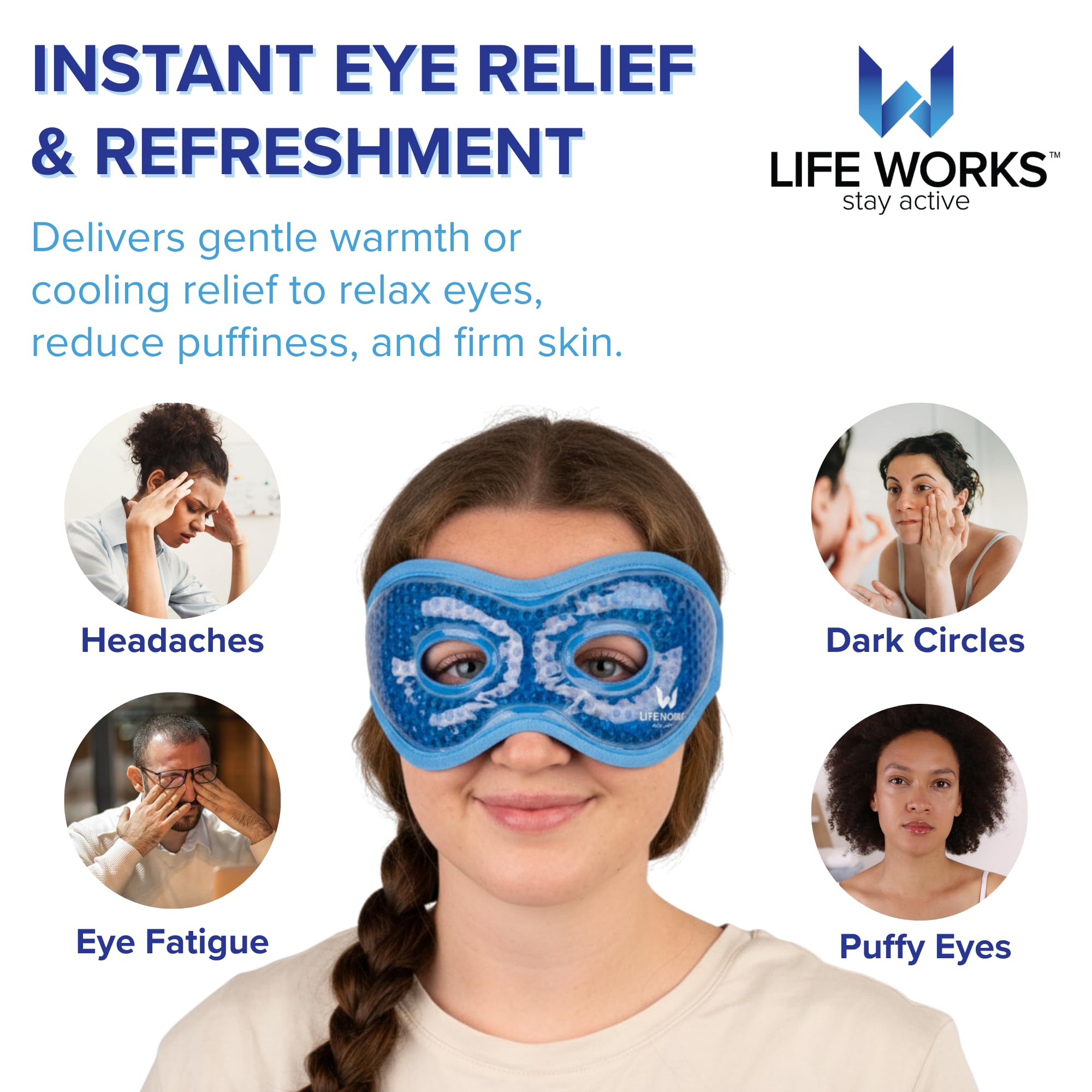 LIFE WORKS mascarilla ocular de gel uso calor para aliviar molestias sinusales.