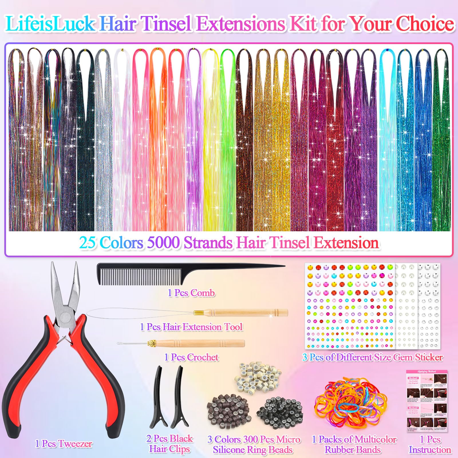 LifeisLuck tiras brillantes para cabello, 48 pulgadas, ideal para looks impactantes.