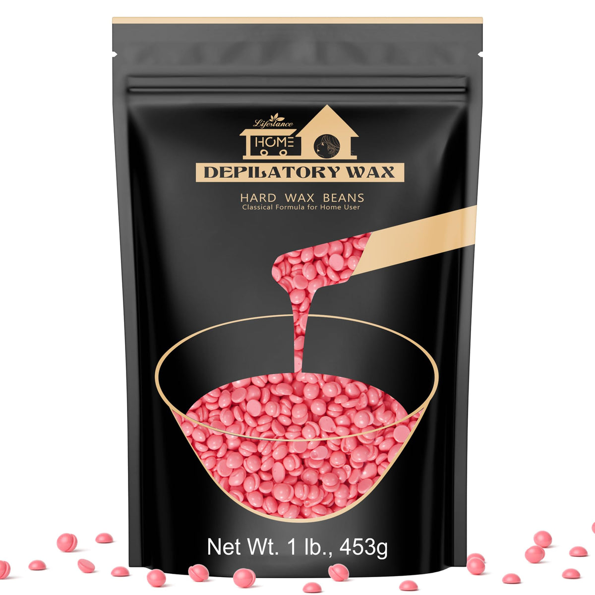 Lifestance cera duro rosa en bolsa de 450 g para depilación suave.