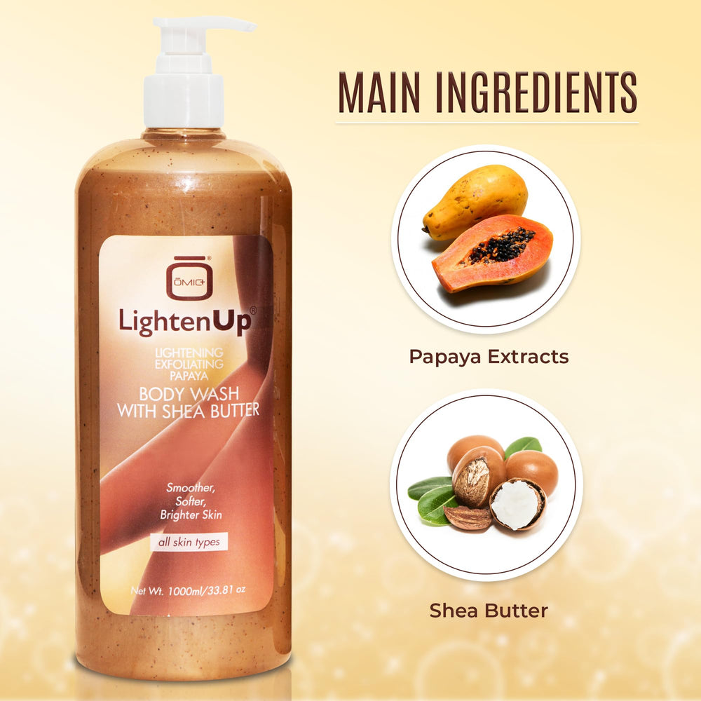 LightenUp Exfoliating Body Wash: etiqueta con aroma tropical que transmite bienestar