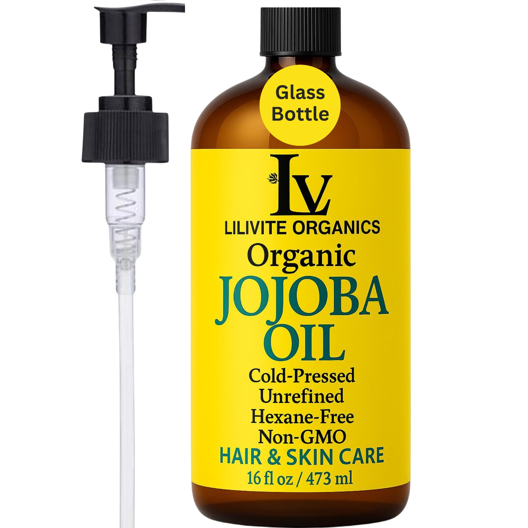 LILIVITE ORGANICS aceite de jojoba prensado en frío en botella ámbar con bomba para uso diario