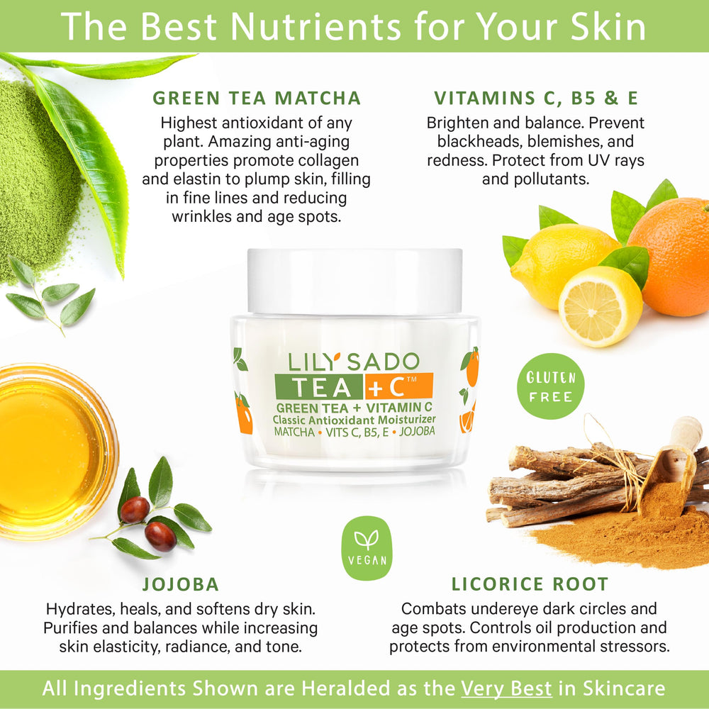LILY SADO Tea+C te verde vitamina C ingredientes clave para piel saludable