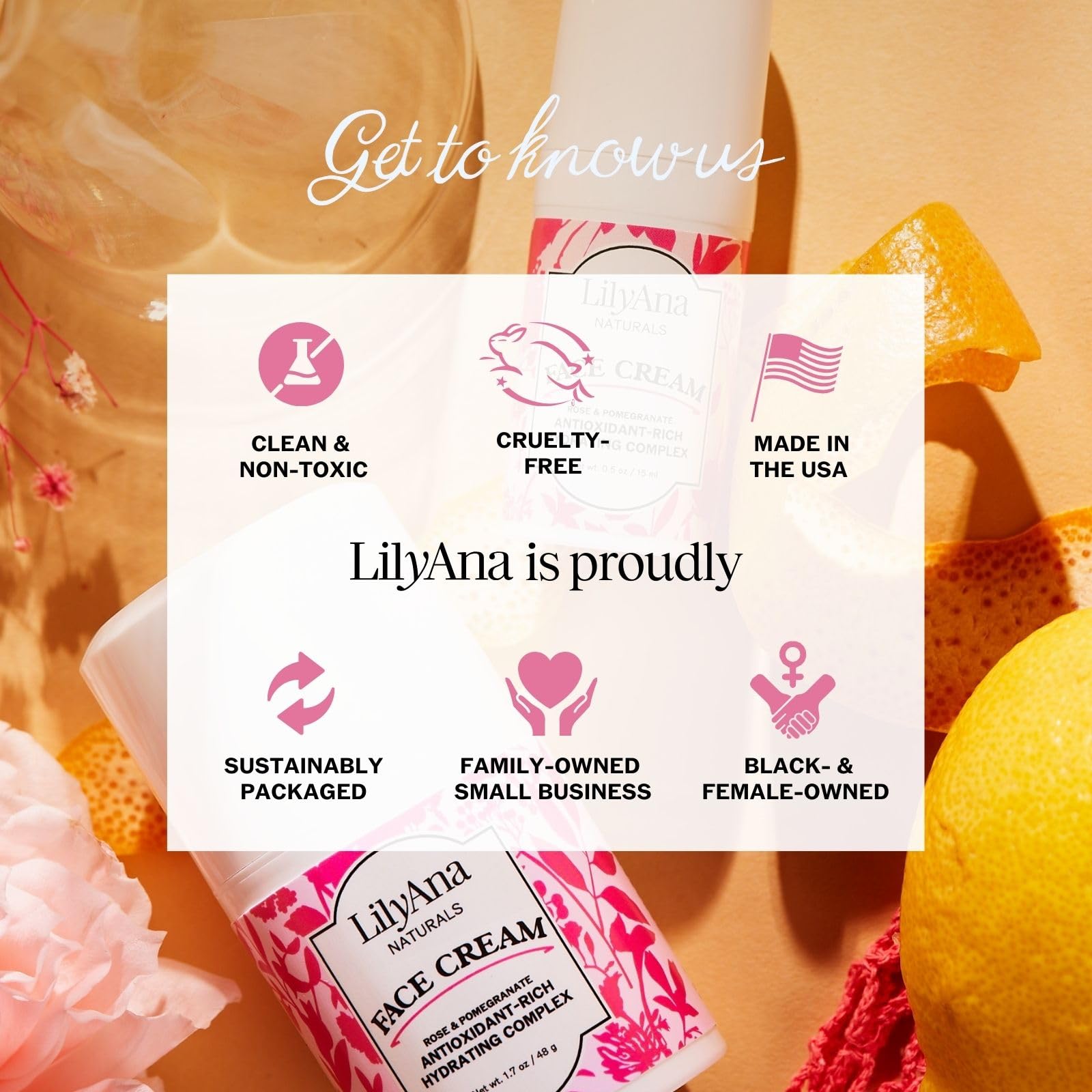 Envase elegante y sostenible de LilyAna Naturals para cuidado diario.