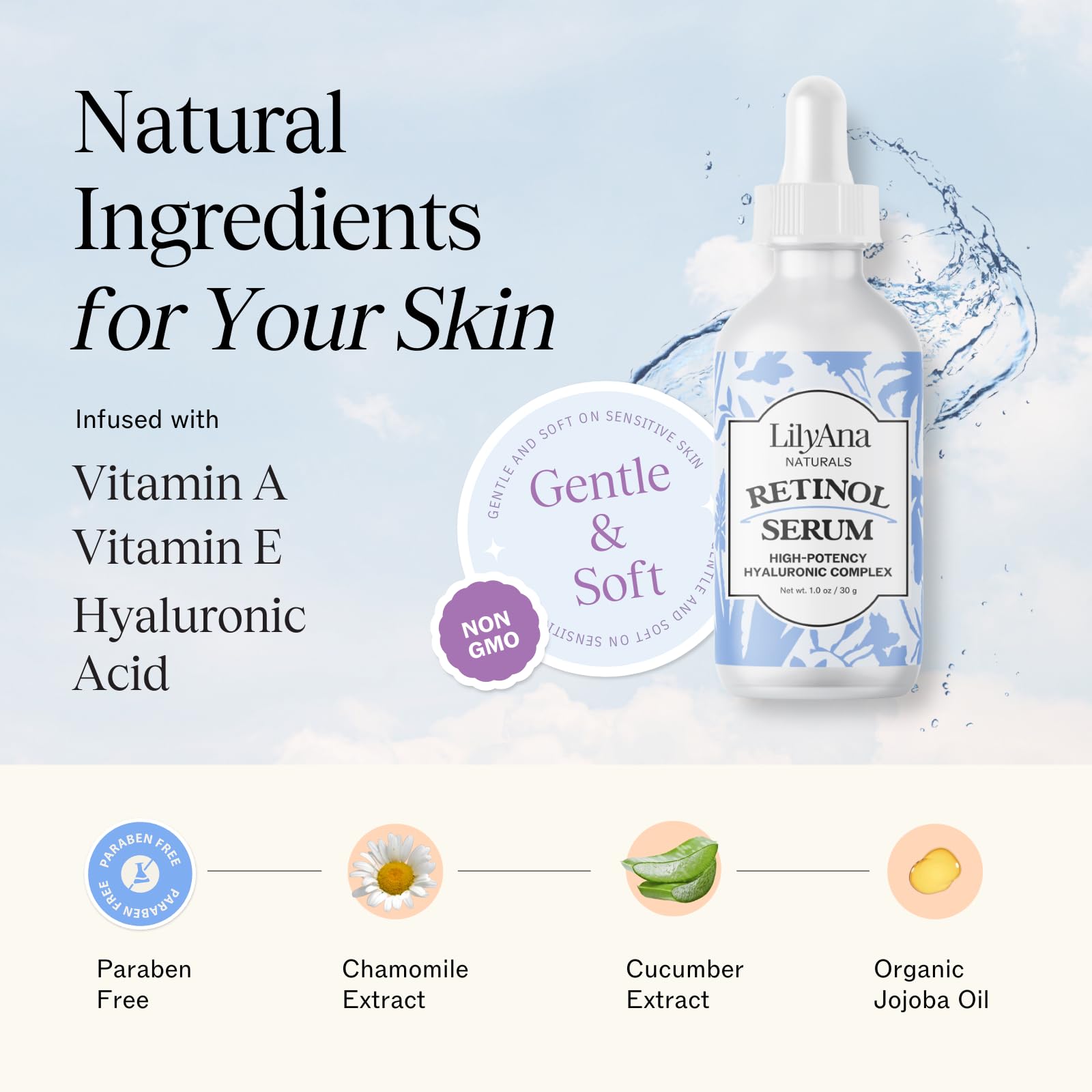 LilyAna Naturals Retinol Serum - hialurónico: hidratación profunda y piel más flexible.