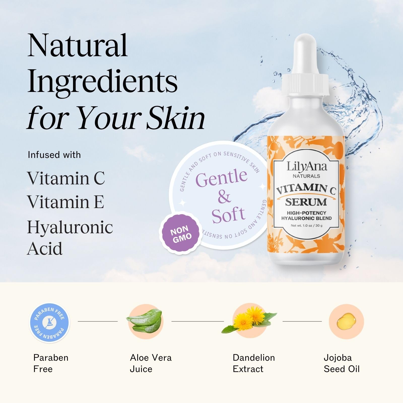 Vitamina E y ingredientes naturales en serum LilyAna para cuidado de la piel.