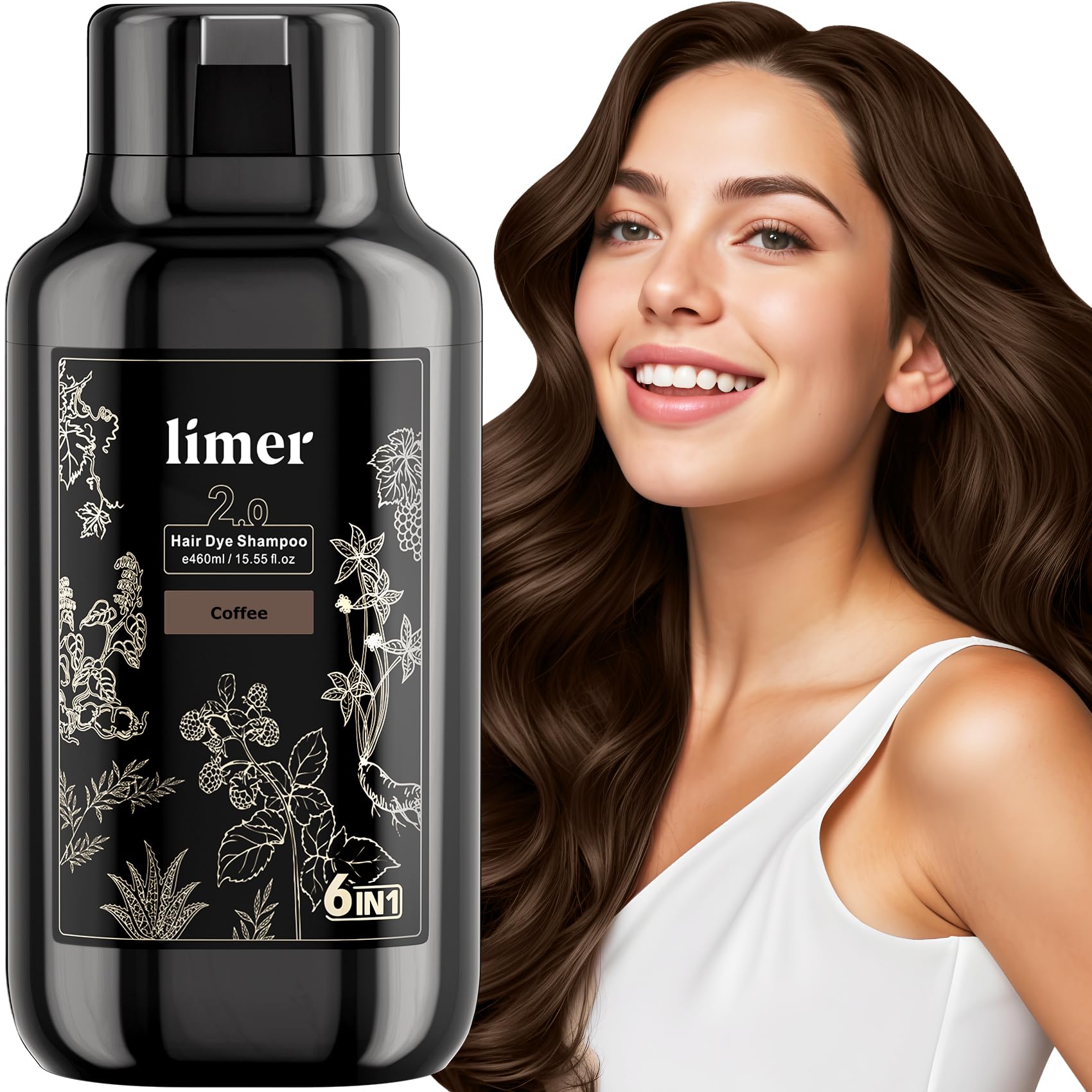 Limer Tinte Café Shampoo botella con dosificador y cobertura de canas natural