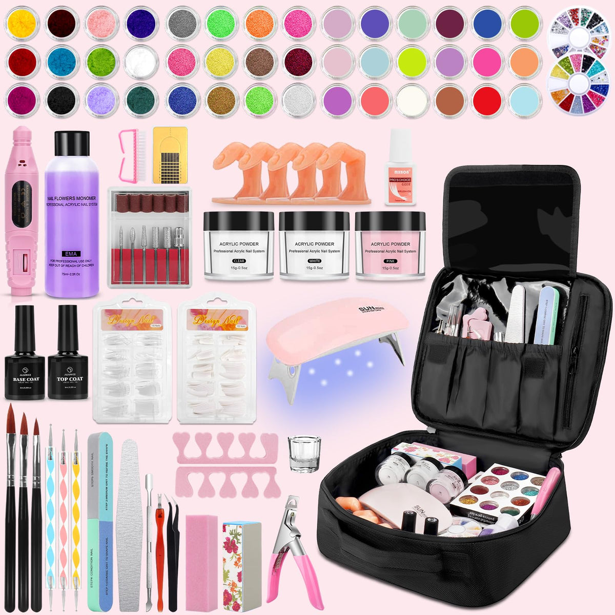 Le kit Lionvision offre 42 couleurs de poudre acrylique et paillettes pour des motifs personnalisés.