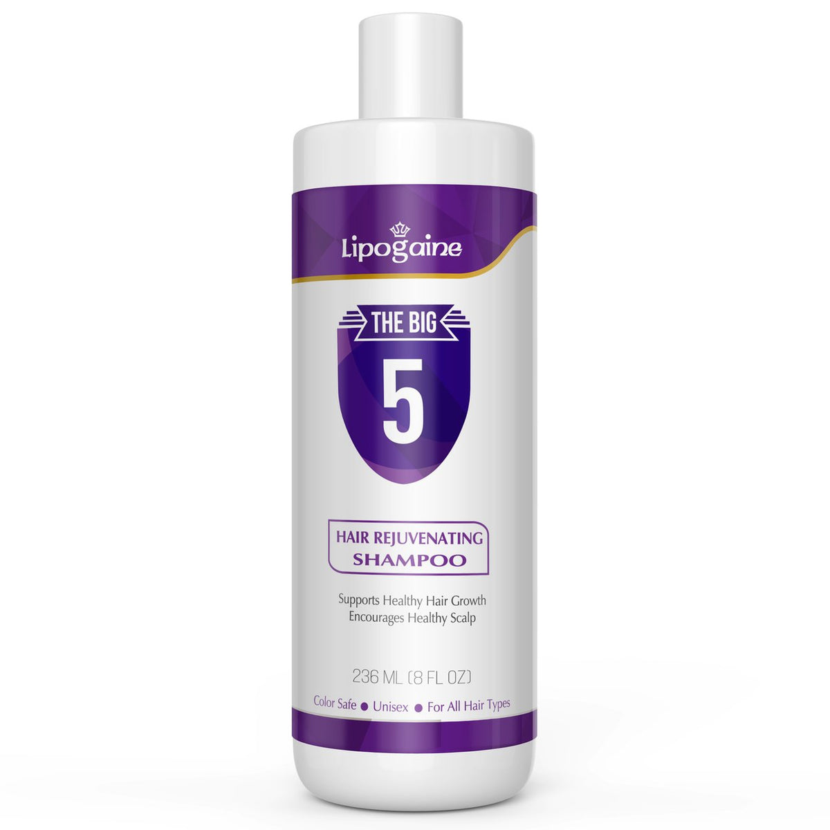 Lipogaine Big 5 shampoo bottle pour supports scalp cleansing and gentle nourishment.