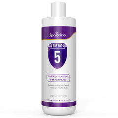 Lipogaine Big 5 shampoo bottle pour supports scalp cleansing and gentle nourishment.