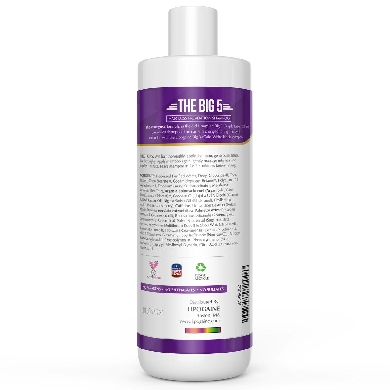 Lipogaine Big 5 shampoo features caffeine for scalp stimulation.
