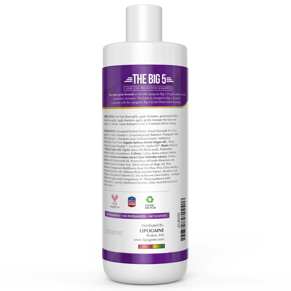 Lipogaine Big 5 shampoo features caffeine for scalp stimulation.