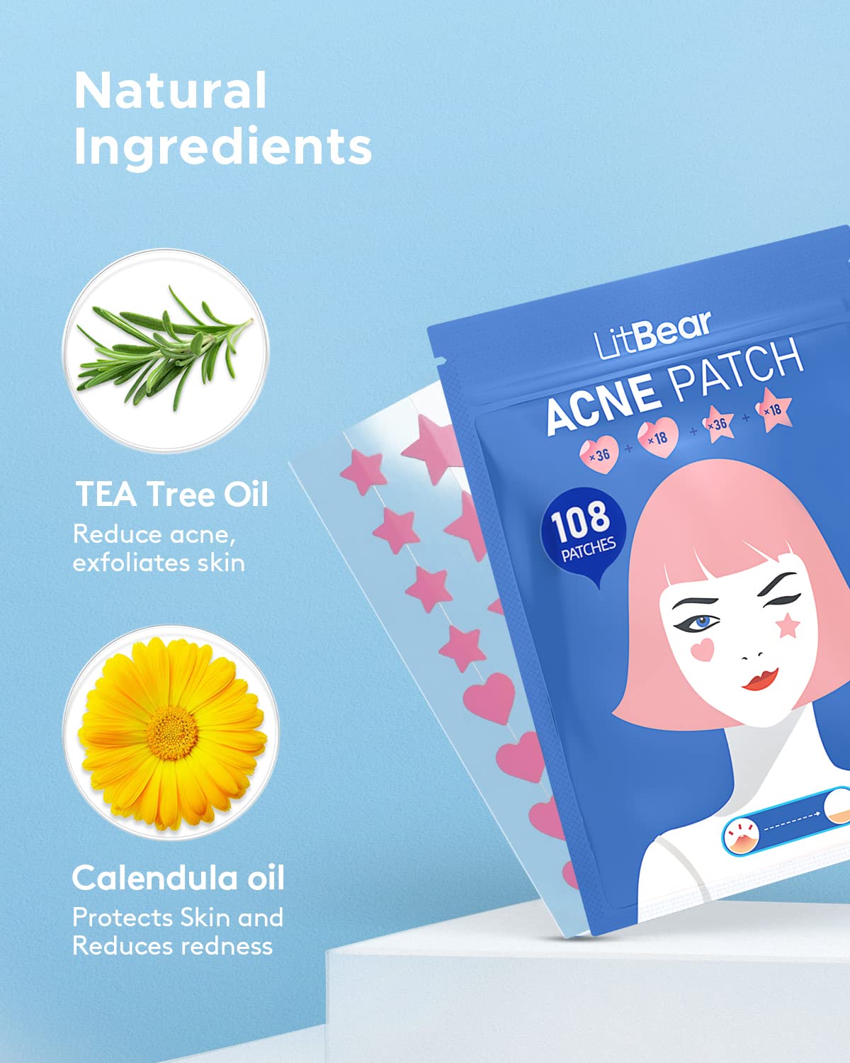 LitBear parche de acné con aceite de árbol de té y centella, suave para piel sensible.
