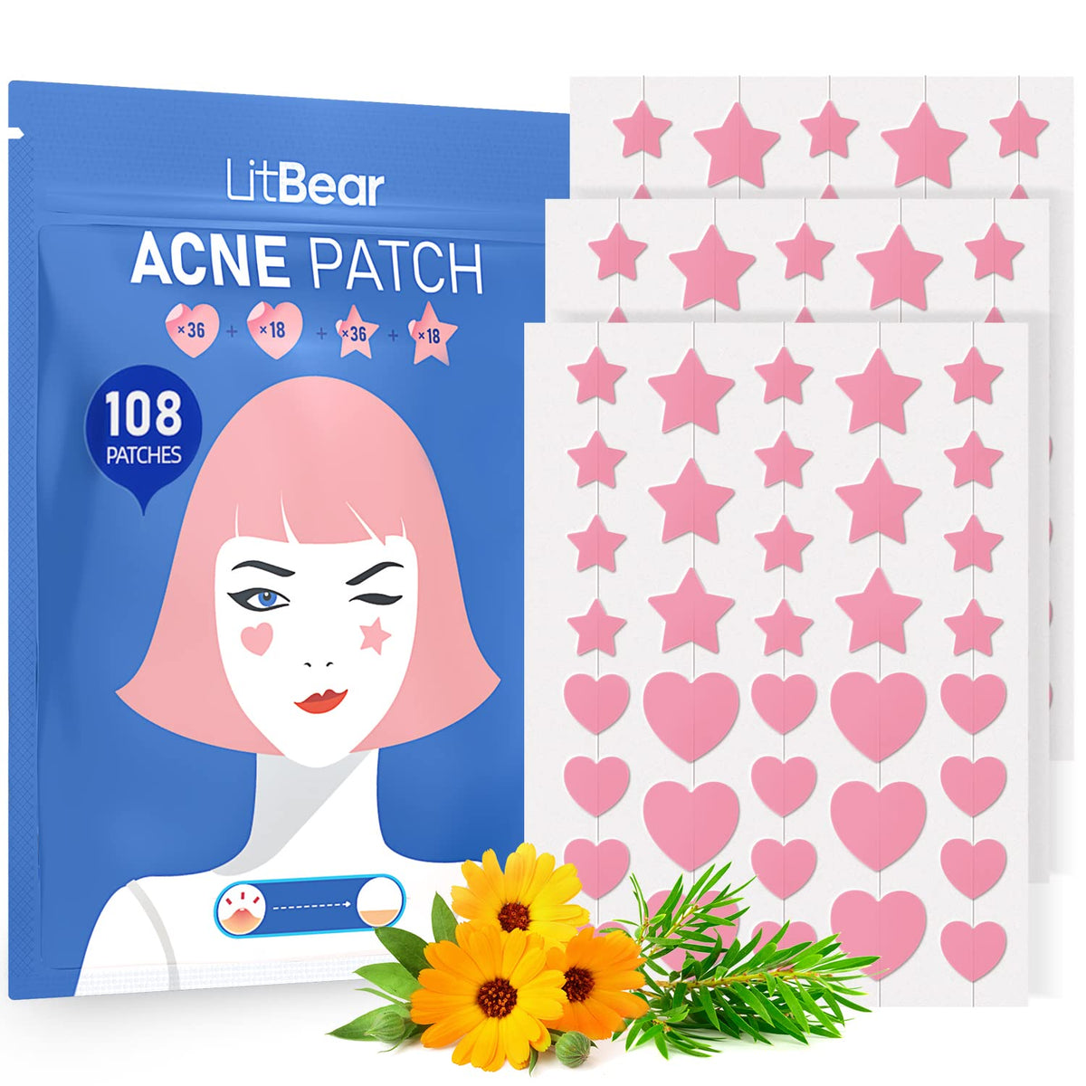LitBear parche de acné en forma de corazón rosa de 8 mm, absorbe fluidos para uso nocturno.