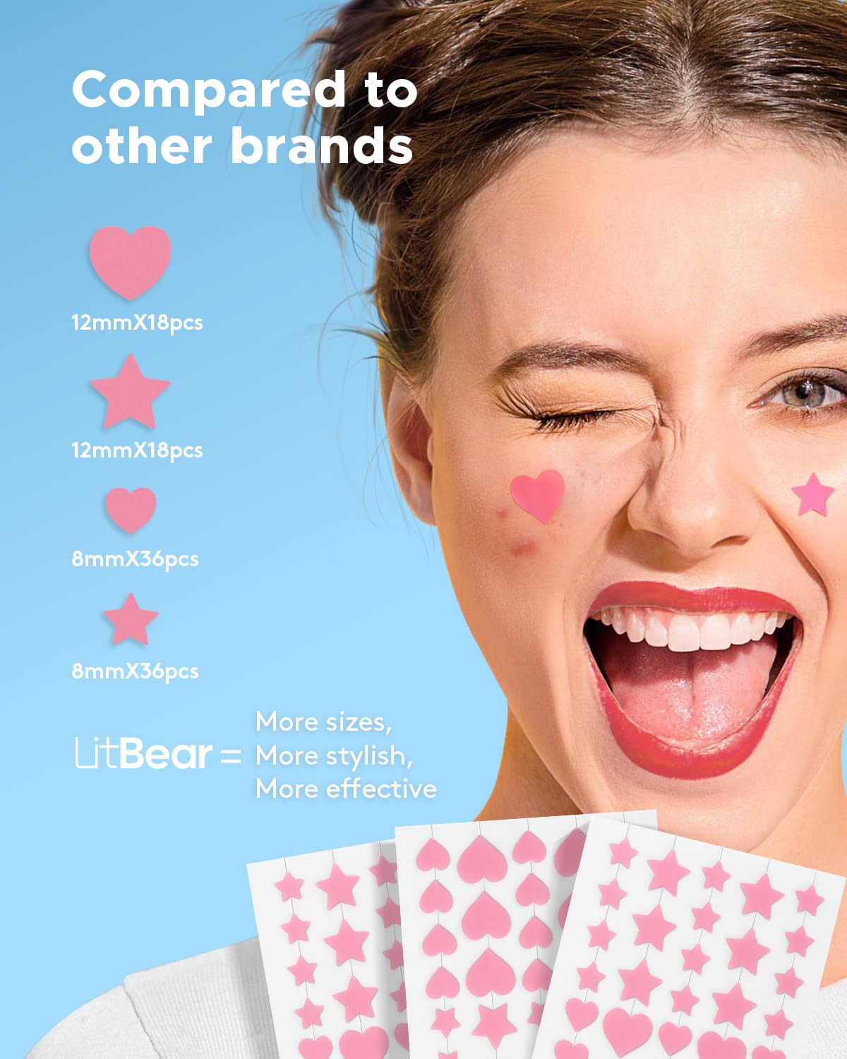 LitBear parche de acné en forma de estrella rosa de 12 mm, ideal para aplicar durante la noche.