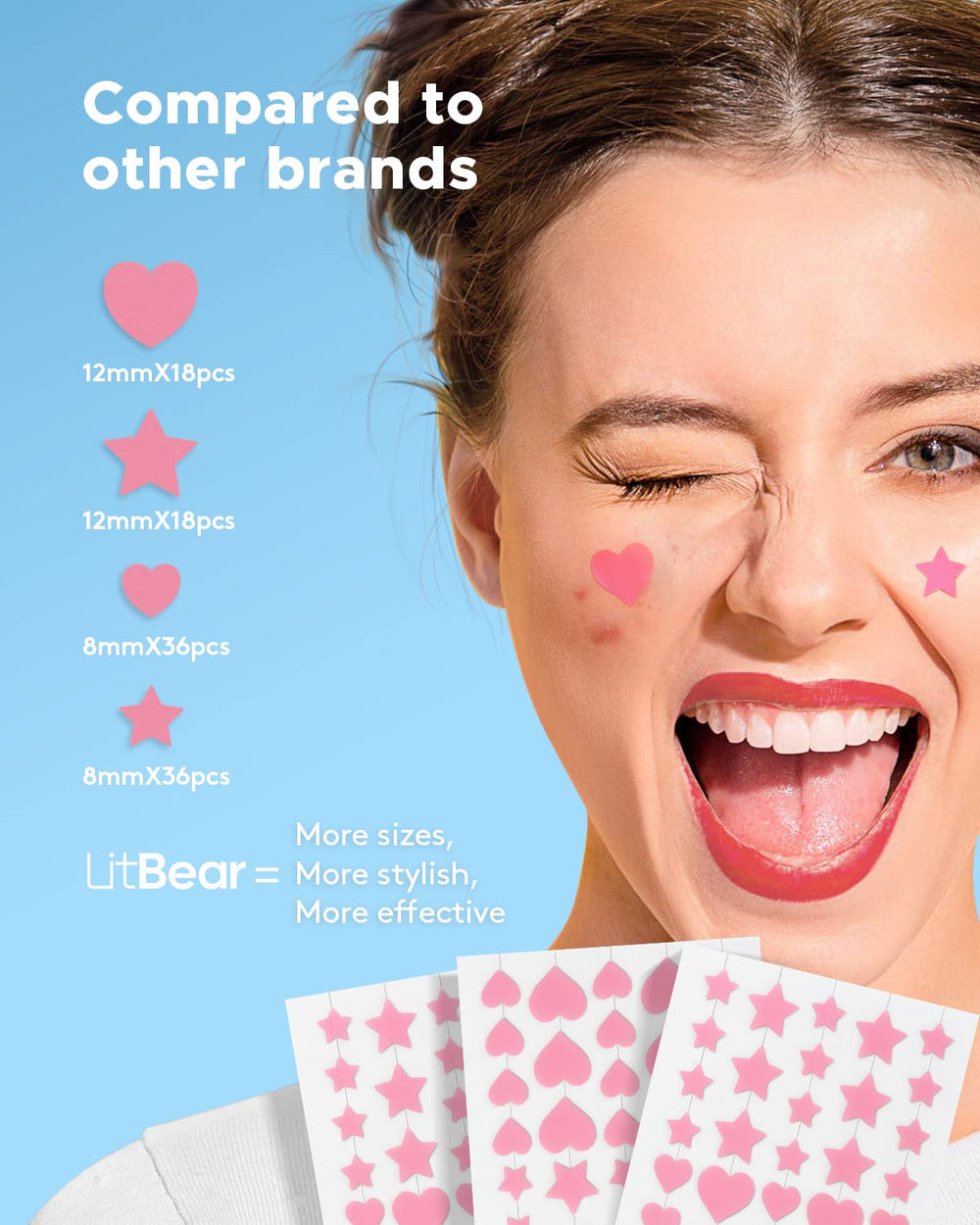 LitBear parche de acné en forma de estrella rosa de 12 mm, ideal para aplicar durante la noche.