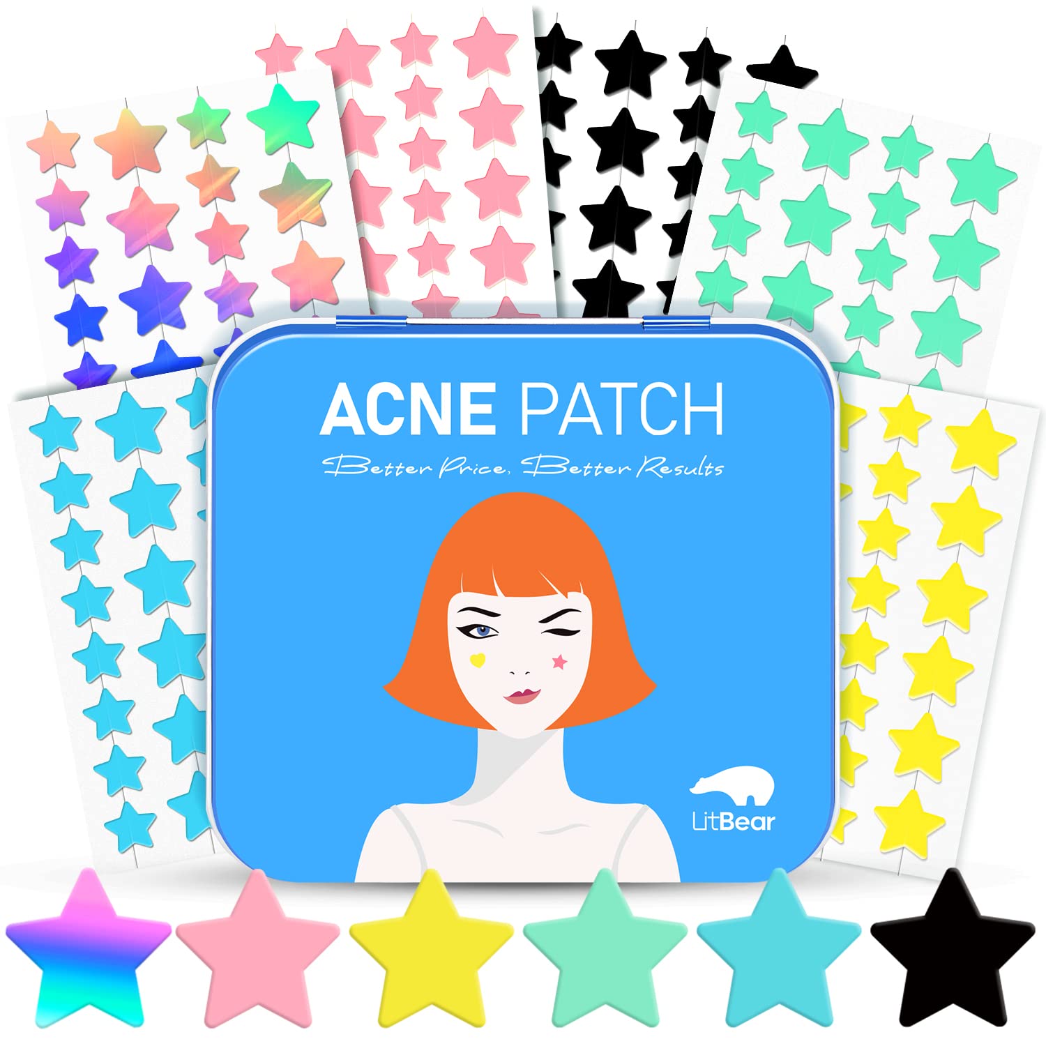 LitBear parche acné estrella 8 mm para granos, protege la zona y favorece la absorción.