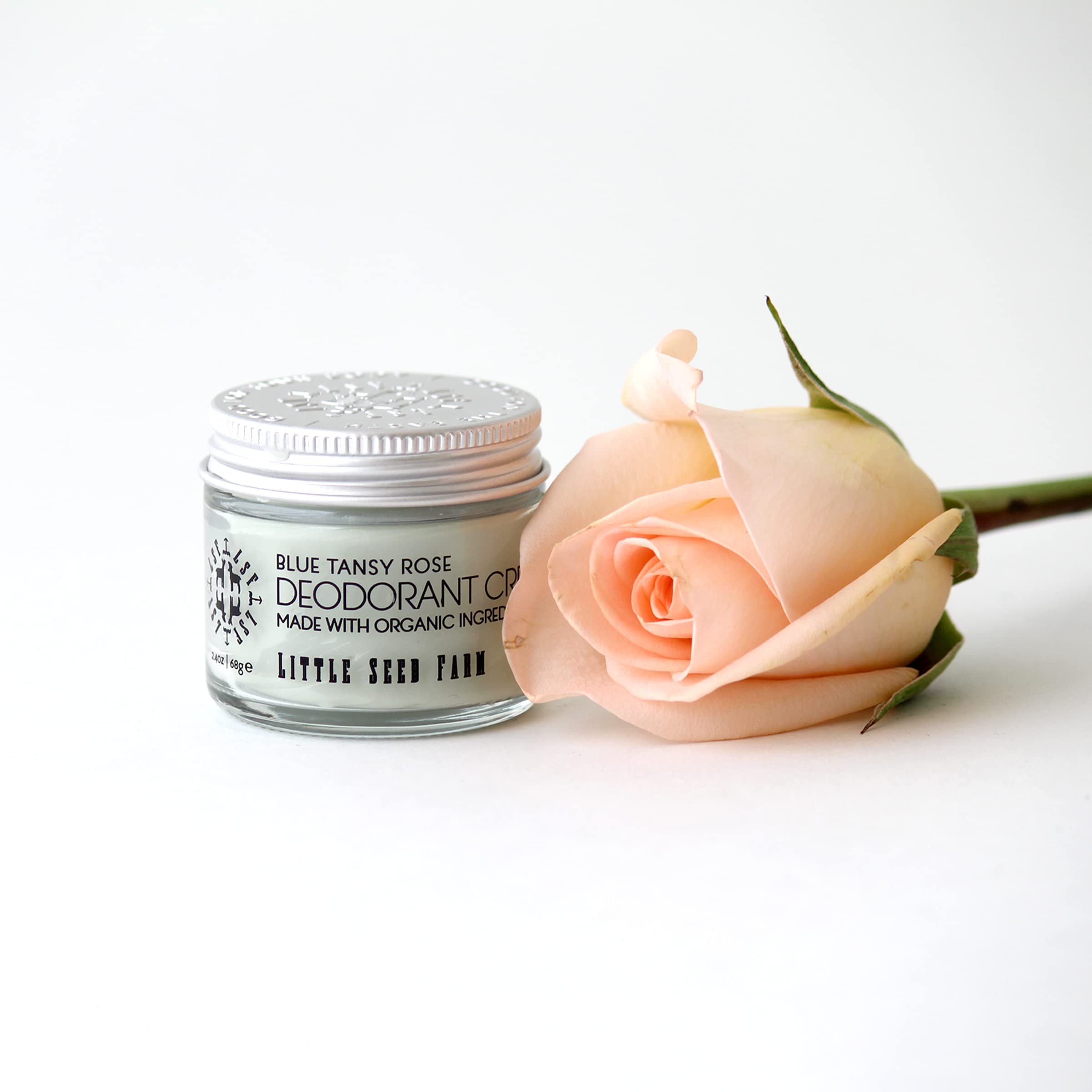 Etiqueta cuidadosamente diseñada en Little Seed Farm Desodorante Crema Blue Tansy Rose.