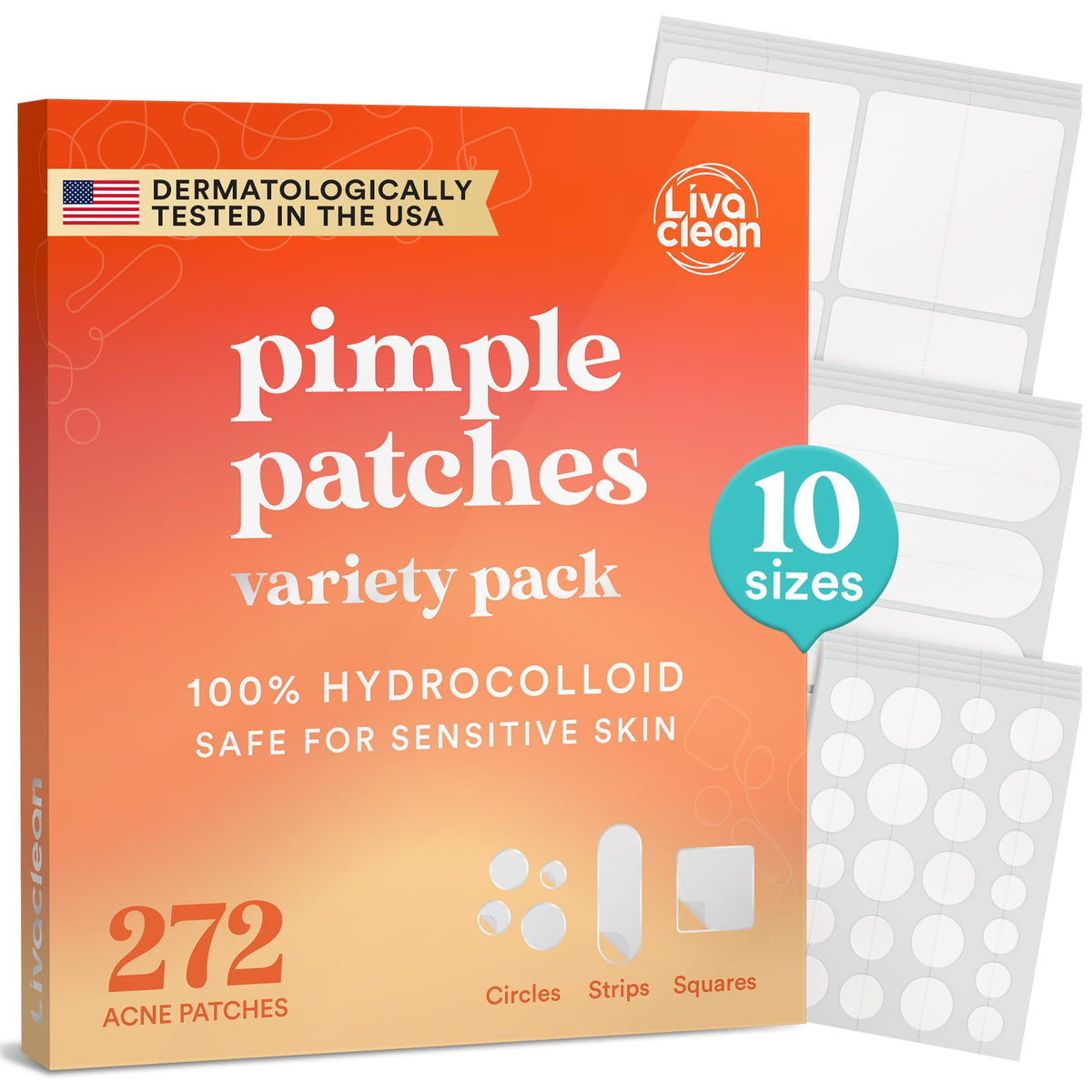 Parches hidrocoloides LivaClean para acné, pack variado listo para emergencias.