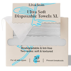 LivaClean 50ct, toallitas faciales desechables, empaque práctico para viaje.