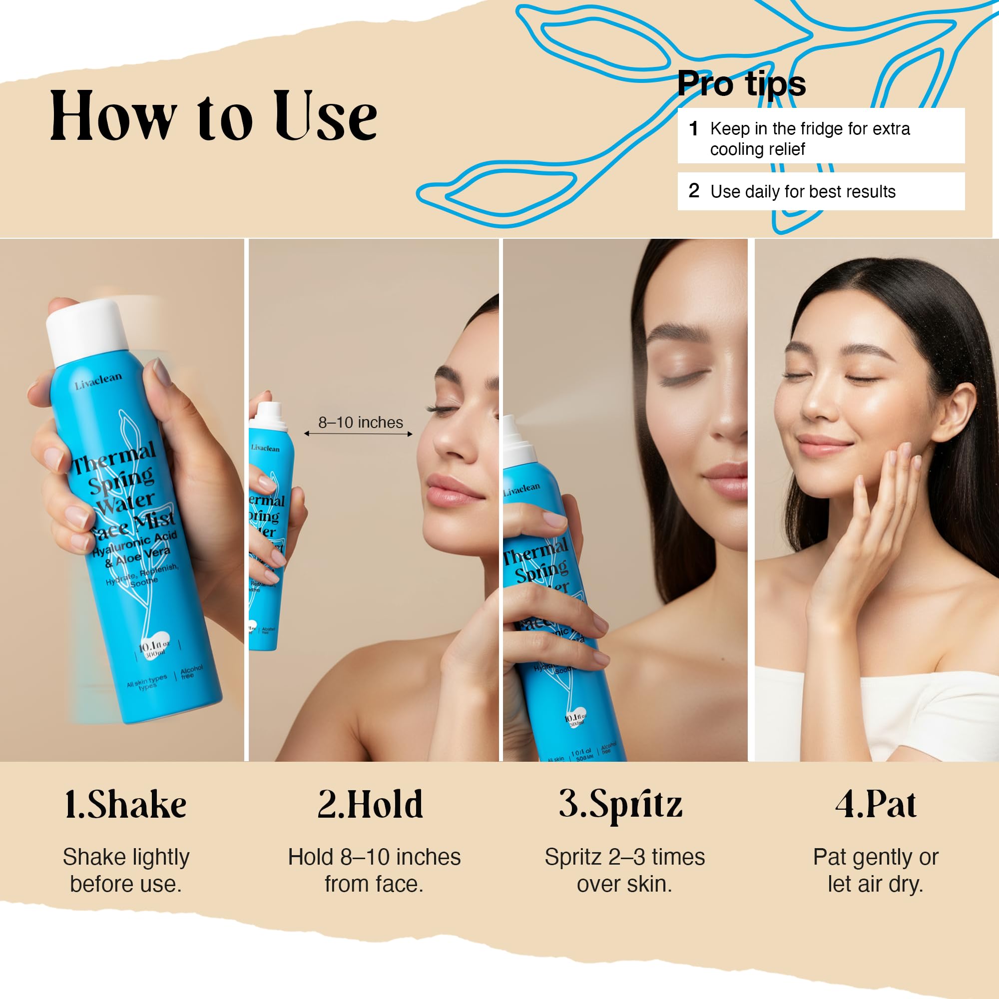 LivaClean aplicación bruma rápida, refresca el rostro con vaporización suave.
