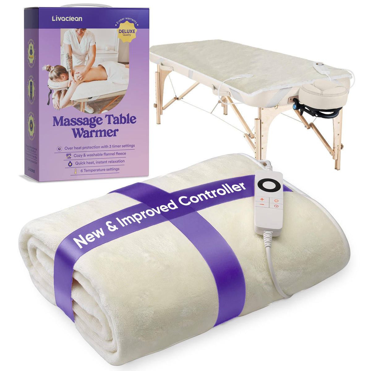 LivaClean calentador de mesa para masaje, calor suave para sesiones largas.