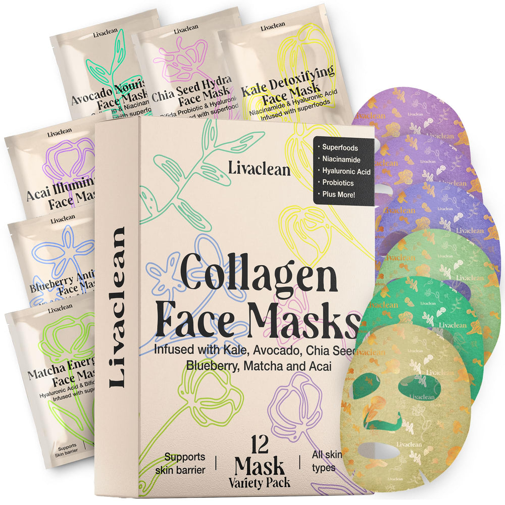 LivaClean: mascarilla de colágeno en envase de 12 unidades para hidratación prolongada.