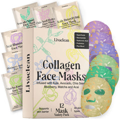 LivaClean: mascarilla de colágeno en envase de 12 unidades para hidratación prolongada.