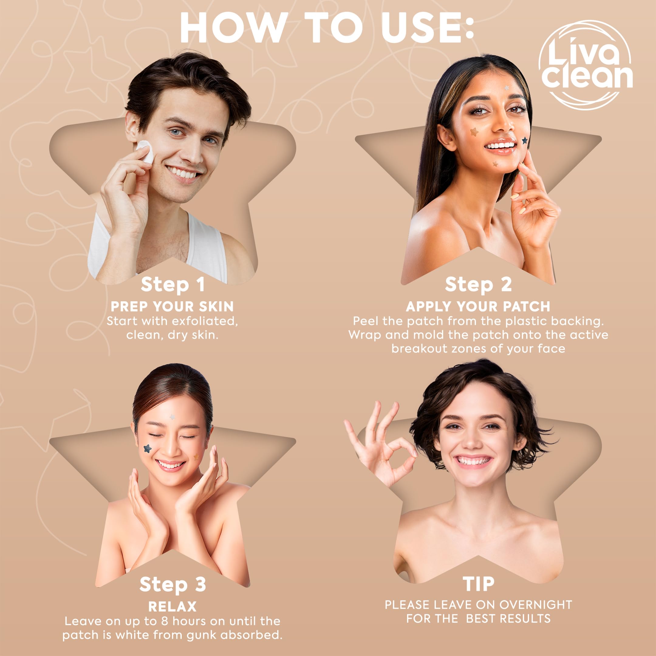 Parche estrella LivaClean 14 mm crema para uso diario suave.
