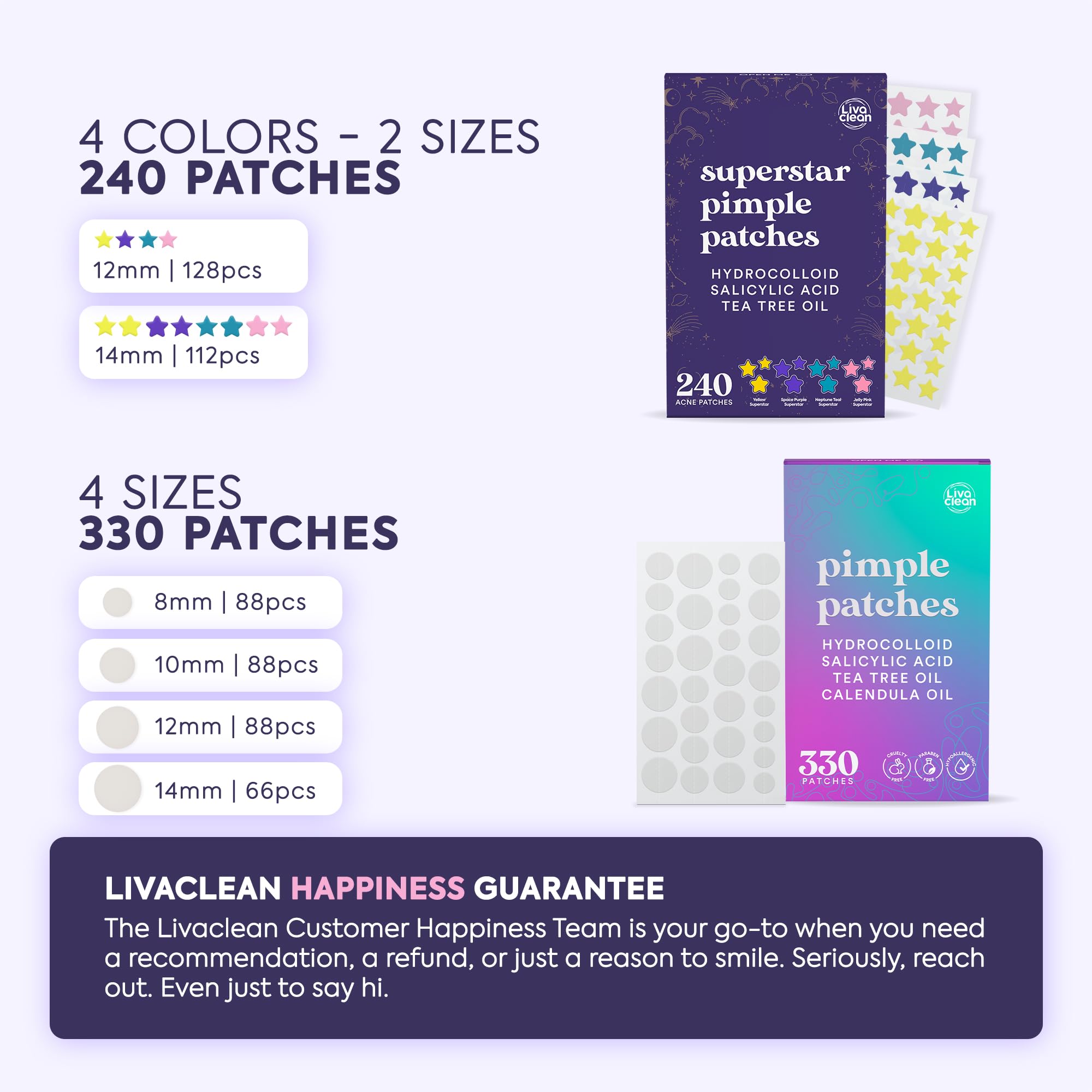 Parches Livaclean en tres tamaños para diferentes imperfecciones faciales.