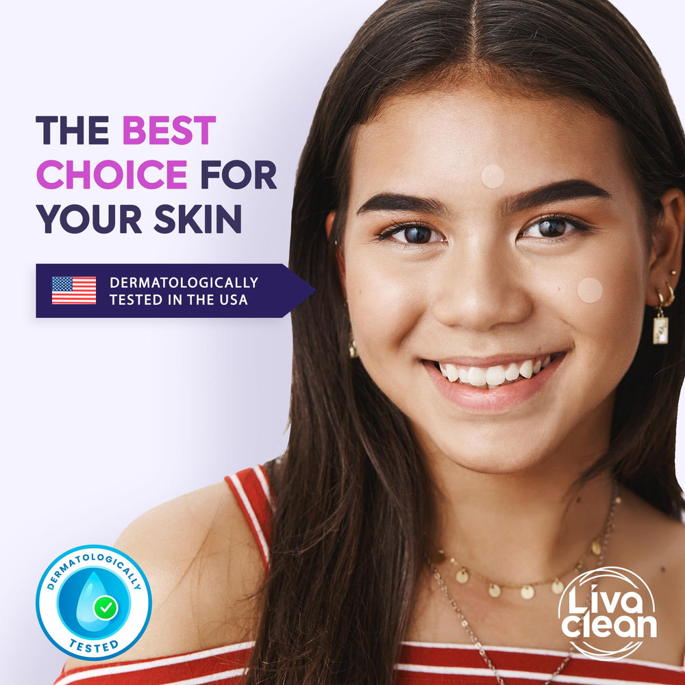 Aplicación facial de LivaClean con parches, fácil y rápida para uso diario.