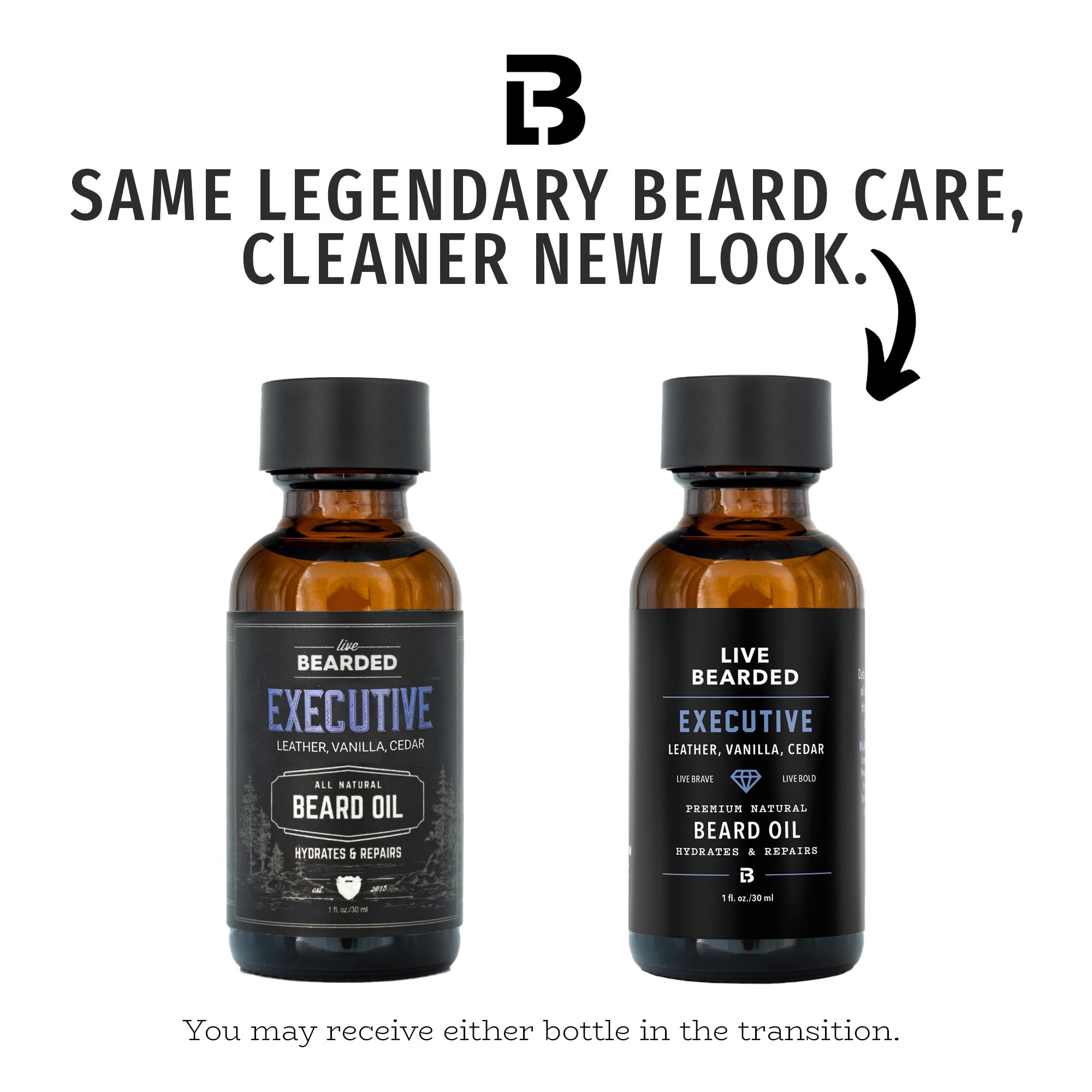 Live Bearded beard oil label closeup shows Executive Scent cedar vanilla.