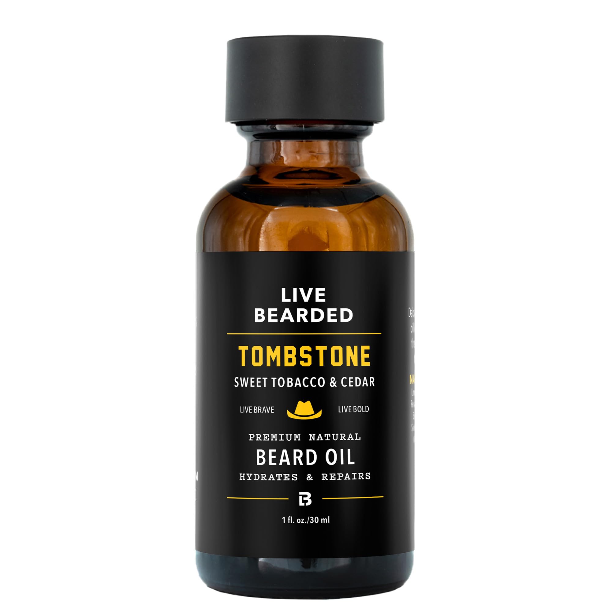 Live Bearded Tombstone huile barbe, bouteille 30 ml, hydratation naturelle.